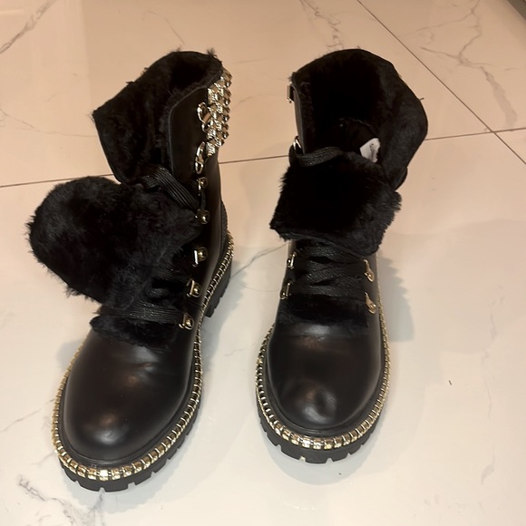 Black and Gold Studded Boots with Fur Details - Picture 2 of 5
